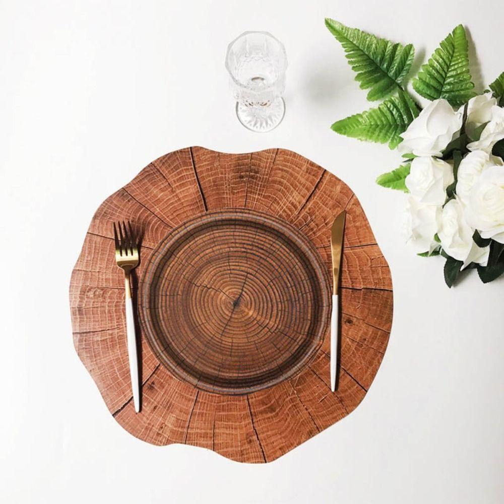 10pcs Round Disposable Dish Vintage Paper Food Tray Imitation Wood Grain Disposable Plate  Picnic