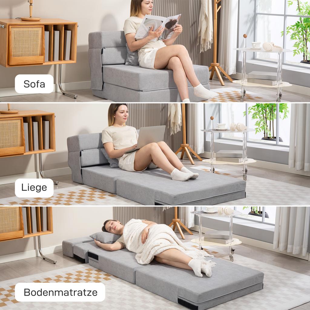 Floor Sofa, Upholstered Couch, Convertible Into Mattress, Foam, Cushion, Light Grey