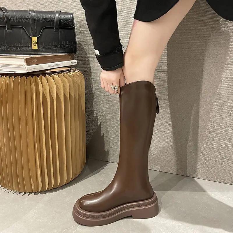 Fashion Middle Heel Long Boots for Women Hot New In Trend 2024 Demi-season Work Waterproof Winter Novelty Pu Knee High Shaft Shoes Woman
