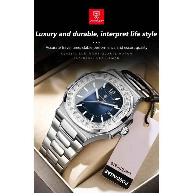 POEDAGAR Luxury Man Quartz Watch Square Watch for Men Waterproof Luminous Date Stainless Steel Watches Sports Clock reloj