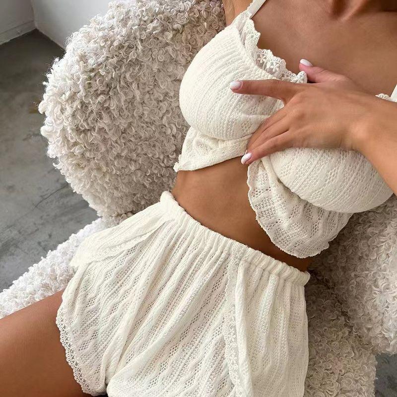 

European and American Sexy Knitting Cut Out Lace Sling Vest Shorts Set Sexy Tank Top Shorts Set Beige M