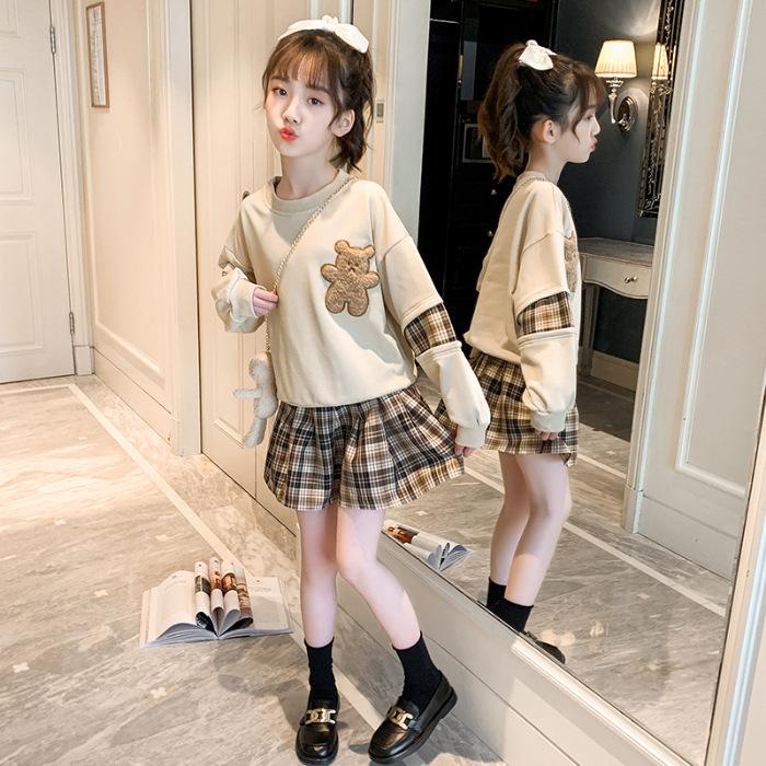 

Костюм JK для девочек, весенне-осенний модный милый удобный повседневный хлопковый свитер, клетчатая плиссированная юбка 140 абрикосовый