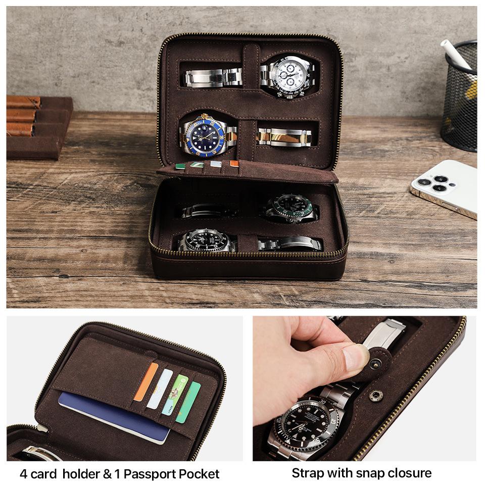 Genuine Leather 4 Slot Watch Box Display Case Storage Watch Organizer Zipper Travel Watch Collector Case with Card Holder Pocket