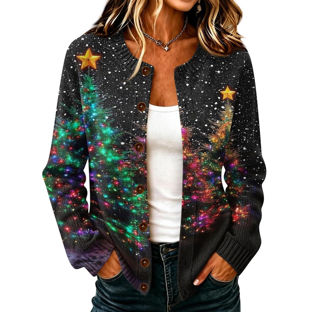Women's Casual Christmas Print Long Sleeve Knit Cardigan Button Front Sweater for Fall