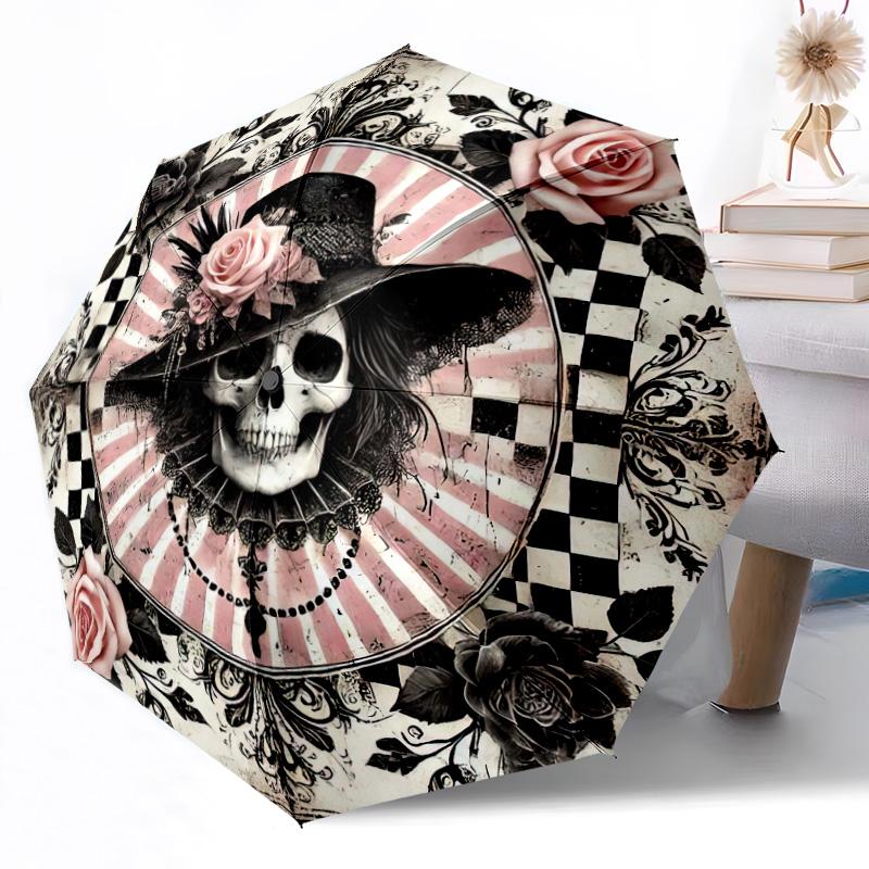 

Butterflies Skull and Roses Outdoor Automatic Umbrella Sturdy 8 Rib Durable Plastic Iron Outdoor Daily Use Outdoor Accessory Perfect Gift Friends