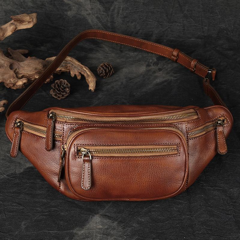 Men's Chest Bag, Crossbody Bag, Trendy Brand Waist Bag, Retro Top Layer Cowhide Motorcycle, Outdoor Motorcycle Riding, Small Size for Women
