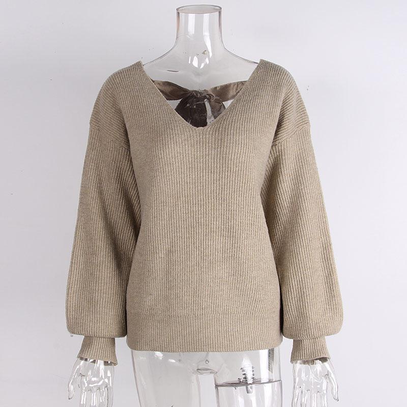 European & American V-neck Bowknot Sweater - Women's Casual Autumn/Winter Long Sleeve Loose Top