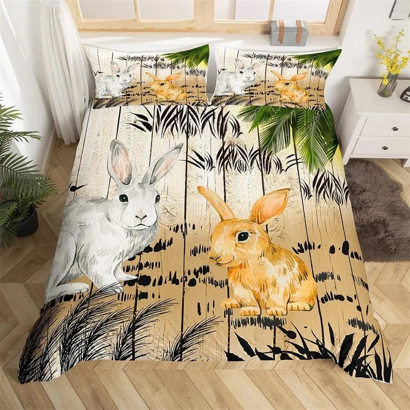 Kawaii Animals Duvet Cover Cute Rabbit Bedding Set Rustic Wooden Comforter Cover Microfiber Floral Bedclothes Queen For Girl Boy