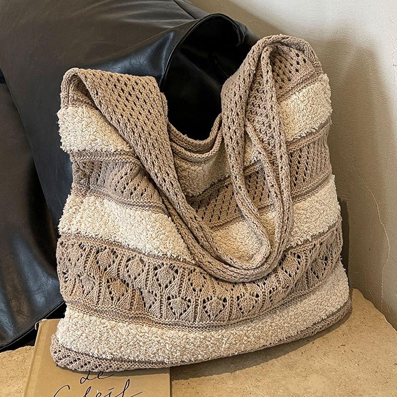Ladies Woven Bag Striped Knitted Bag Simple Hollow Out Hand Held Shoulder Bag хаки