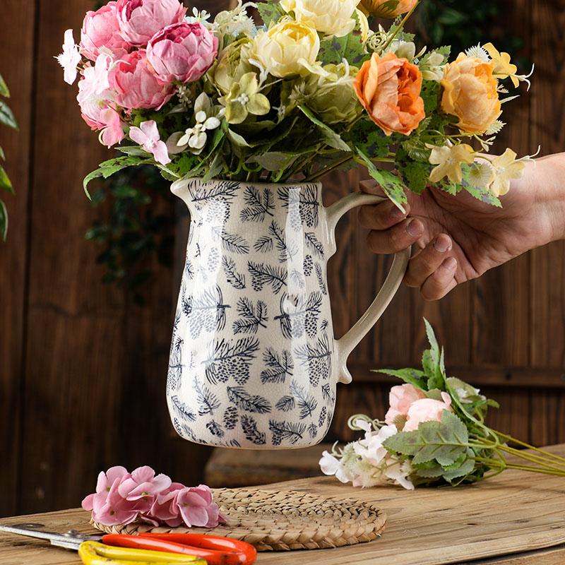 Vase Ceramic Household with Handle Pot Decoration Living Room Flower Arrangement Ice Crack Pastoral Inn B & B Retro Nostalgic1Pc