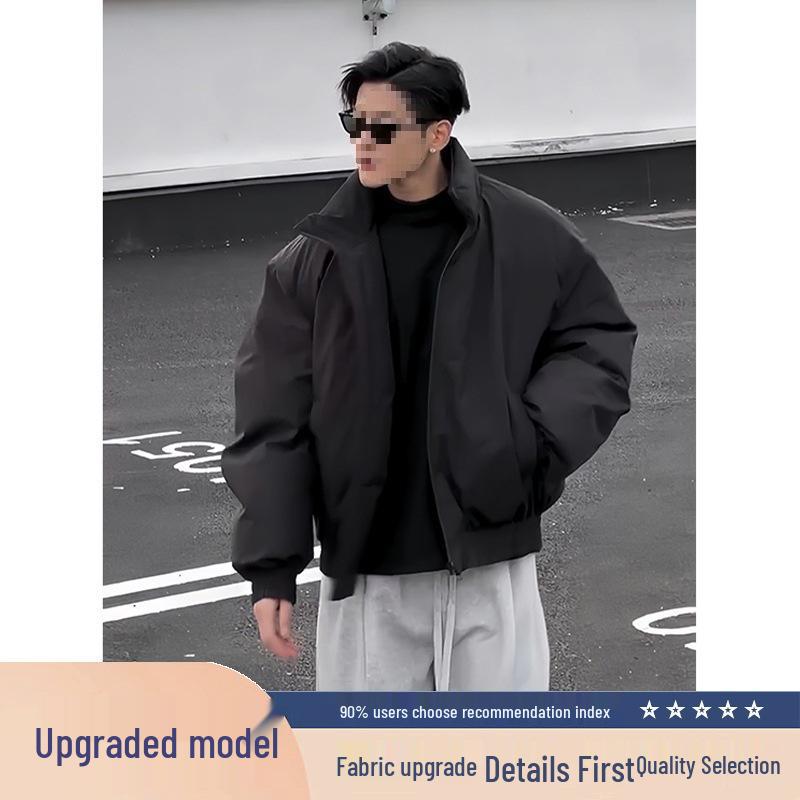 Męski Czarny Bomberowy Płaszcz Puchowy American Rebellious - Luźna Krótka Kurtka Robocza