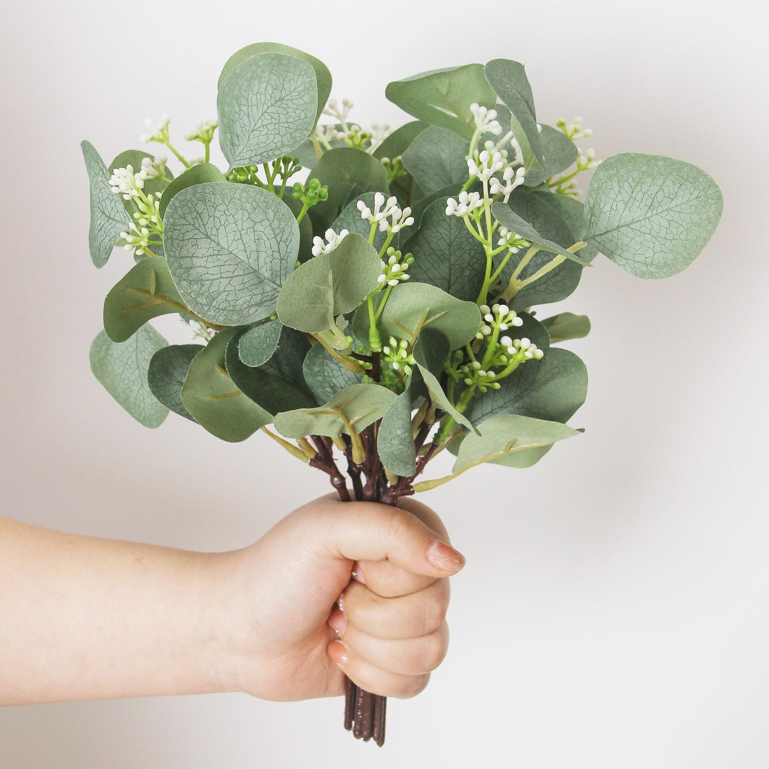 12PCS Artificial Eucalyptus Leaves with White Buds, Fake Silver Dollar Eucalyptus Stems for Home Wedding Decor зелёный