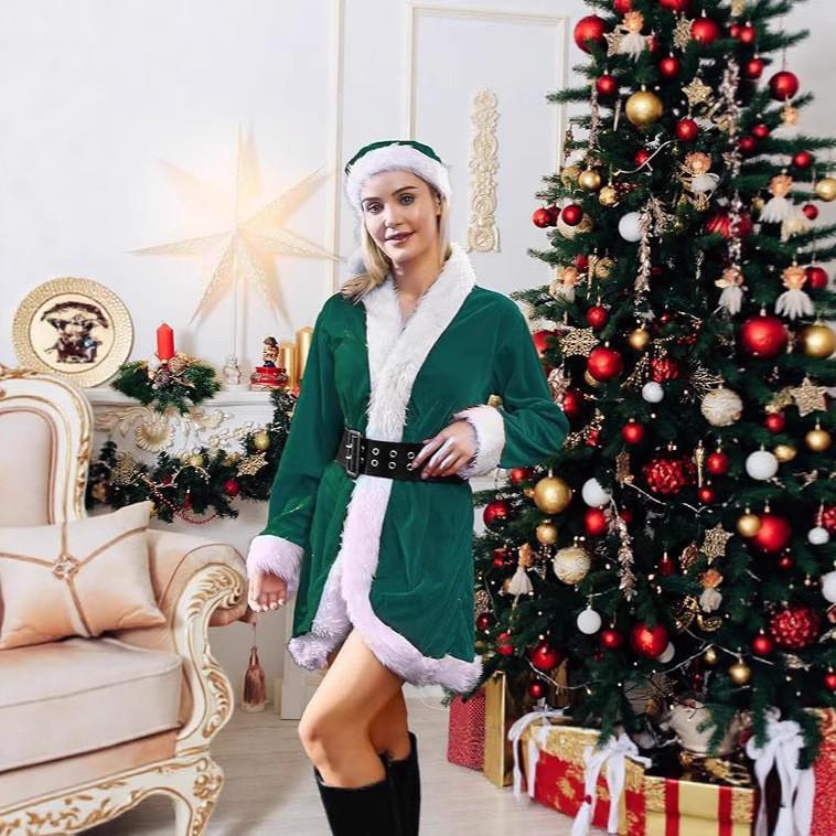 Adult Women Santa Claus Xmas Green Elf Dress Socks Hat Sets Christmas New Year Cosplay Costumes Performance Role Play Outfit
