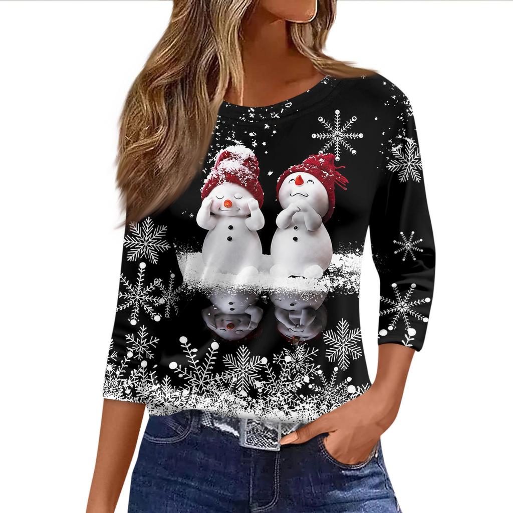 Women's Casual 3/4 Sleeve Neck Christmas Print Top with Festive Holiday Design