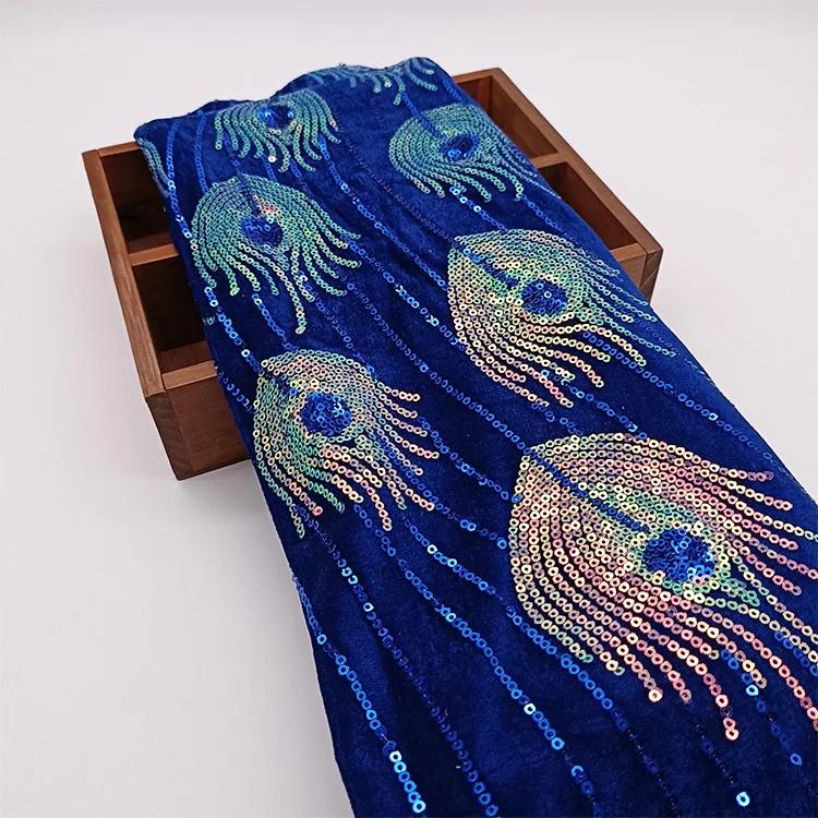 Peacock Feathers Sequin Fabric Wedding Party Girl Perform Dress Make Cloth Embroidery Lace Green Originality Fashion Fabrics