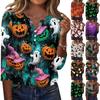 Women's Halloween Printed V Neck Button Front Three Quarter Sleeve Casual Top Lightweight Soft Fabric Comfortable Fit