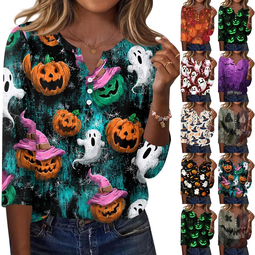 Women's Halloween Printed V Neck Button Front Three Quarter Sleeve Casual Top Lightweight Soft Fabric Comfortable Fit