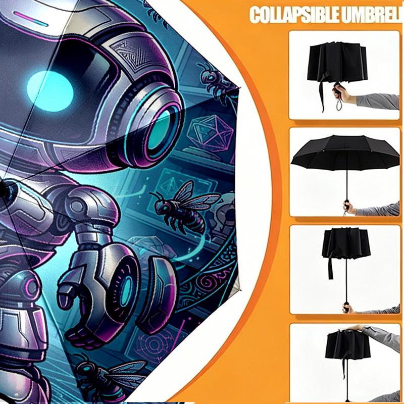 Custom Name Personalized Cosmic Bot Crew Print Umbrella, Auto Open Close, 8‑Rib Sturdy Frame, Commute Camping Hiking Use, Birthday Gift