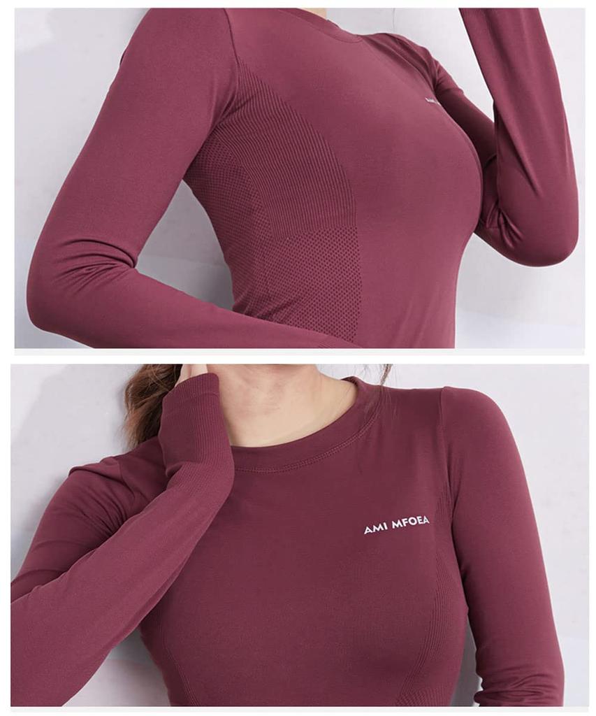 Yuoku Long Sleeve Yoga with Slim Fitness M and Wine Sportswear, T-Shirt Thumbholes, Fit, Women's Top, Sports, Gym, Training, Moisture-Wicking,