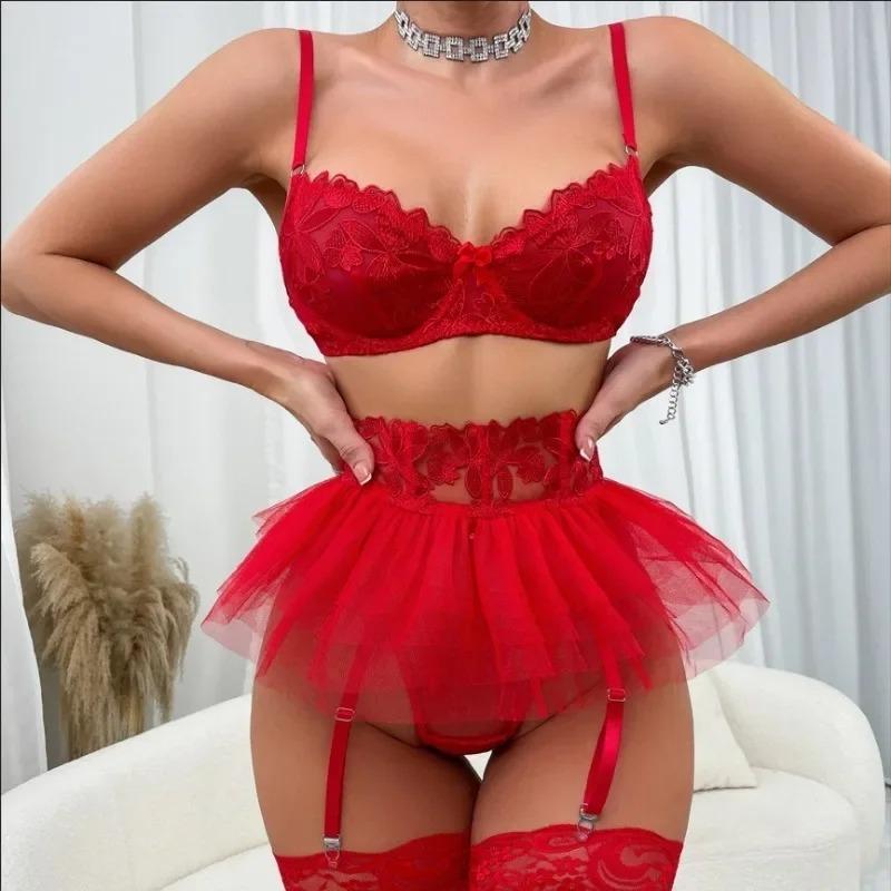 Women's Bra Set Puffy Skirt Garter Belt Suspender Bra and Panty Set sexy set lingerie Lace Mesh Printed Mini Skirt Sexy