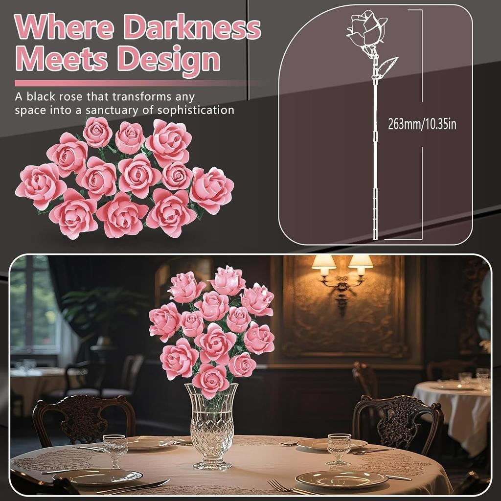 Pink Roses Bouquet Building Set, Artificial Flowers Botanical Collection Blocks Kit DIY Fake Roses for Adults Women Valentines & Mother's Day