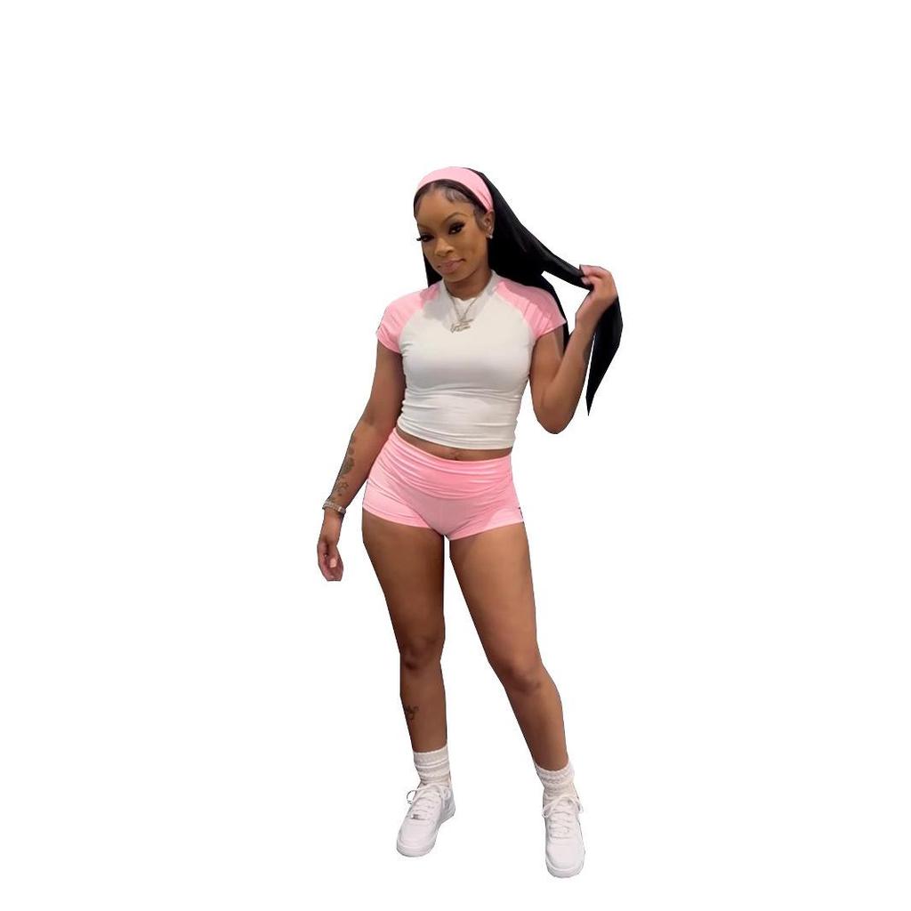 European-American Street Style Color Block Raglan T-shirt & High Waist Shorts Set - 2026 Hot Girl Casual Wear