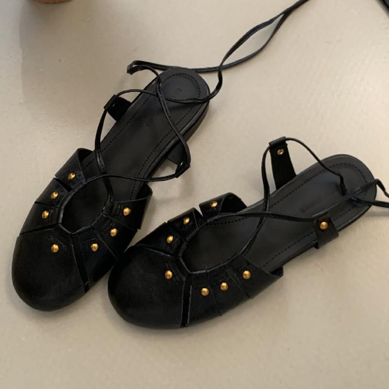 

Fashion Retro Lace-up Flat Sandals Women Fashion Round Toe Metal Rivets Design Brand Sandals Comfort Shallow Casual Shoe Sandalias Mujer 35 чёрный
