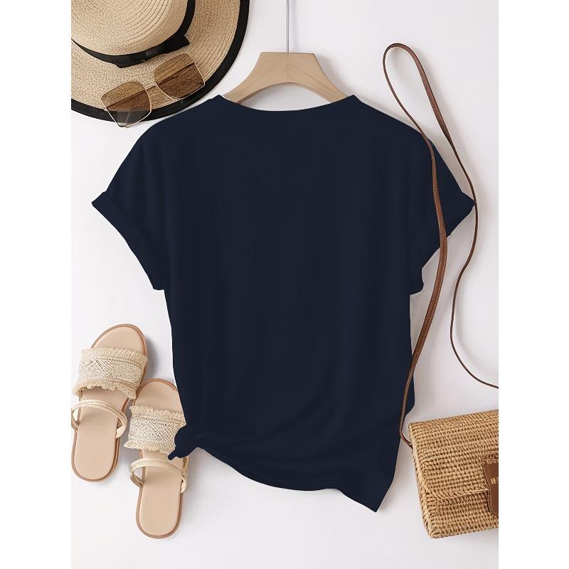 European Size Women'S Casual Short Sleeve T-Shirt with joyful Face Print - Soft Polyester Blend, Round Neck, Summer Essential