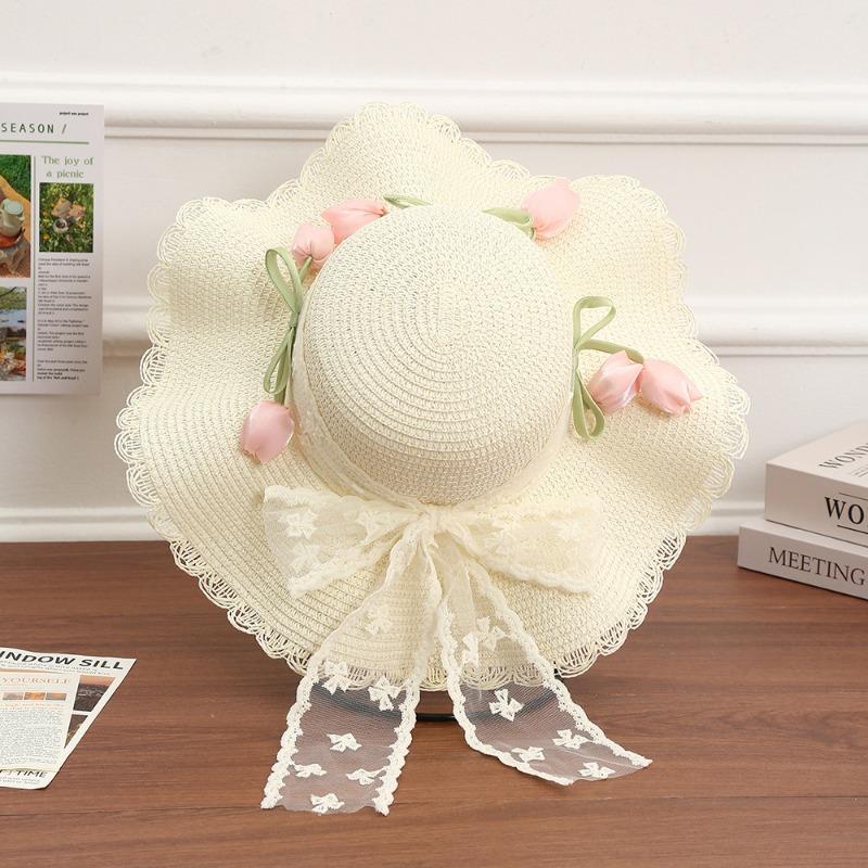 Summer Bow Sun Hat Female, Seaside Beach Vacation Sun Hat Outdoor Big Brim Sun Hat Sweet Straw Hat