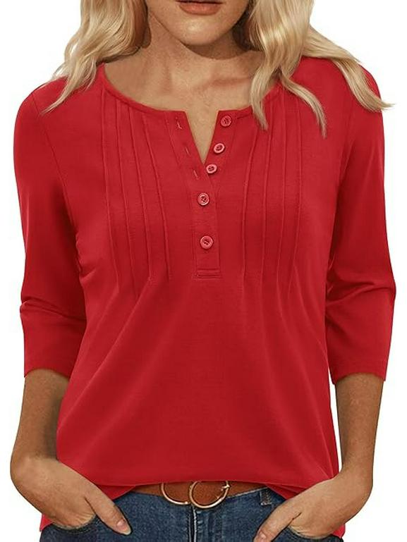 Women's Summer 2025 Fashionable Pleated Mid-Sleeve Top with Low Round Neck.