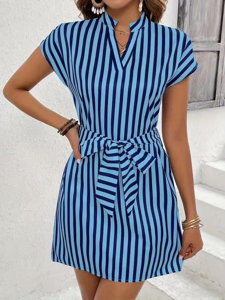2026 Cross-border Independent Station Amazon 3D Printing European and American Women's Clothing Sleeveless Striped Lace-up V-neck Dress Vacation