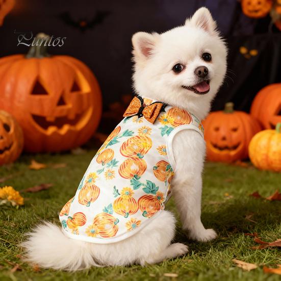 Dog T-shirt Halloween Pet Costume, Pumpkin Print Vest for Small Dogs Cats, Glitter Bow Festive Costume Tie Puppy Outfit, Cute Clothes Party