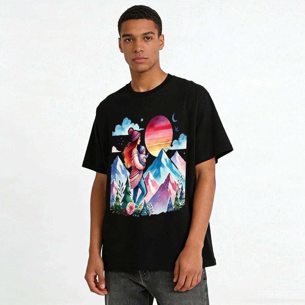 Warm Parent-Child Baby-Holding Snow Mountain Sunset Print Top Pure Cotton T-shirt