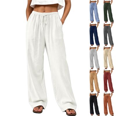 Women Loose Fit Straight Leg Long Pants Drawstring Waist Lightweight Wide Leg Trousers for Summer Daily Wear