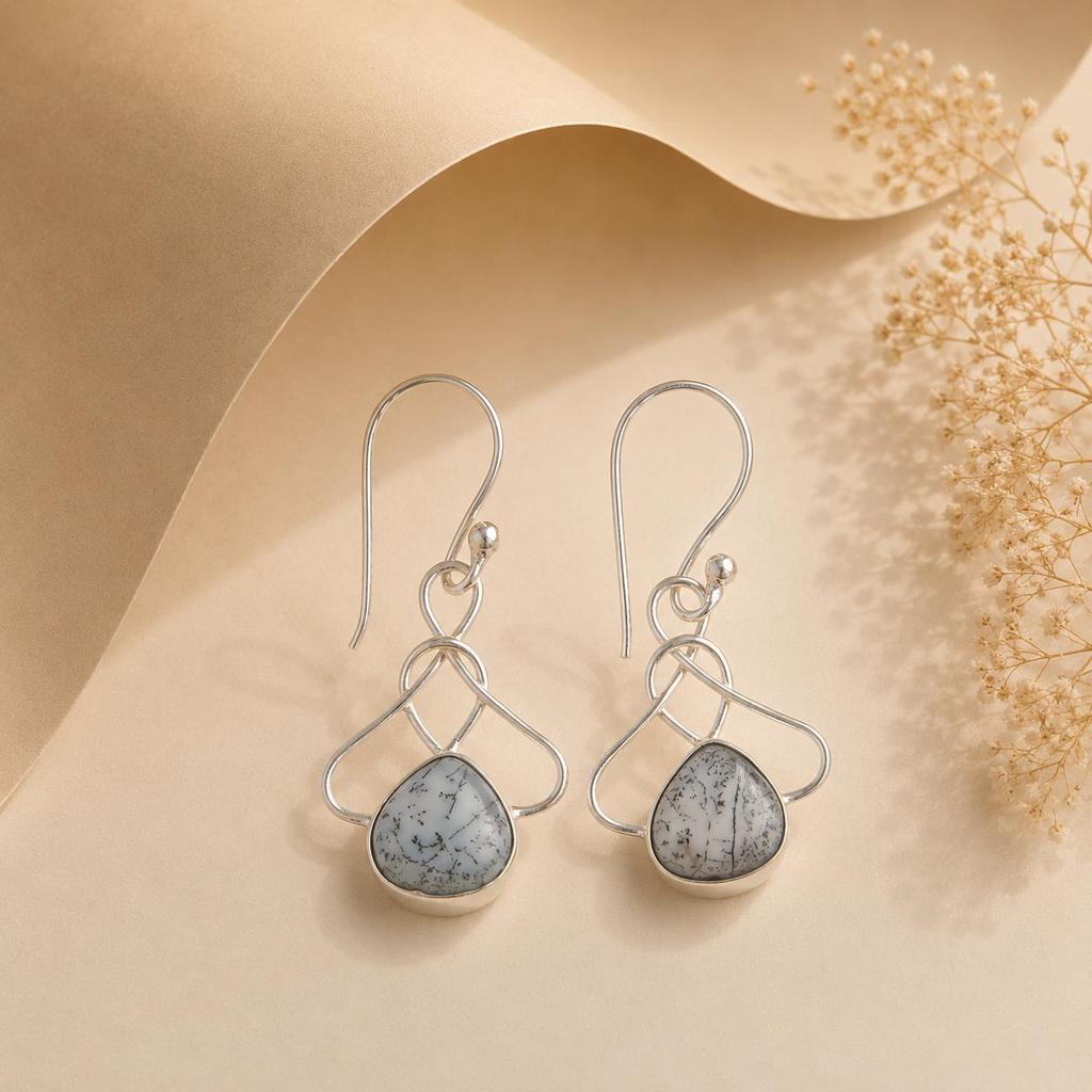 Natural Dendritic Opal Gemstone 925 Sterling Silver Designer Earrings 1.50" For Birthday Gift EE-2-19