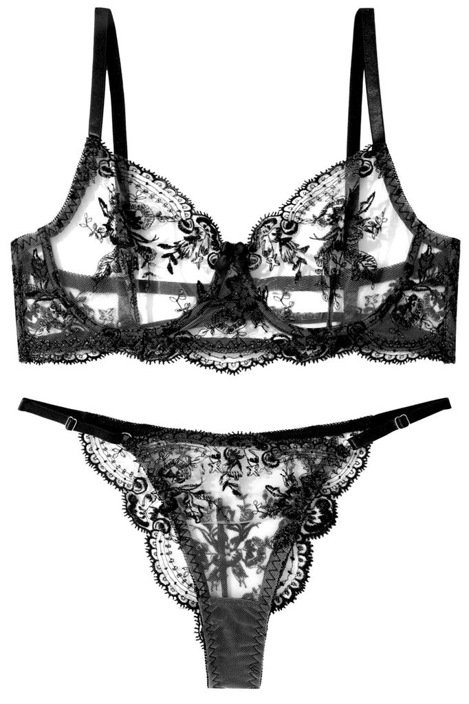 Maeau Mesh Floral Embroidered Lingerie Set with Ribbon Micro and Thin Perfect for Buttocks and Bust Perfect As a Available In Black Women's Bra,