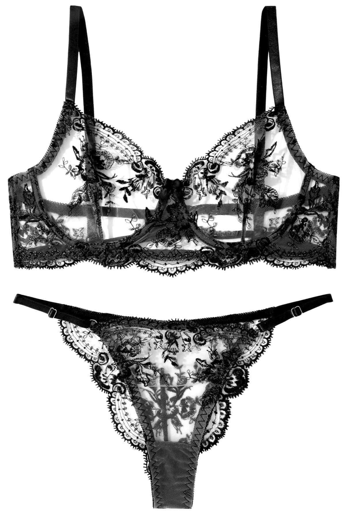 

Кружевной сетчатый вышитый комплект нижнего белья с лентами, микро и тонкий, идеально подходит для ягодиц и груди, идеально подходит как, доступен в черном цвете, женский бюстгальтер, чёрный