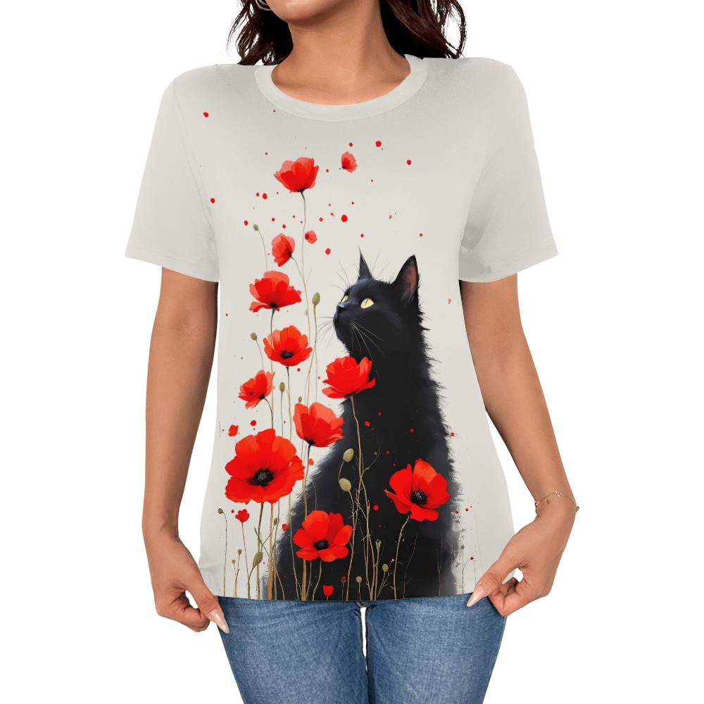 Summer Women s Elegant Personality Simple Black Cat 3D Printed Top T-shirt Women s Casual Fashion Short Sleeve Top S