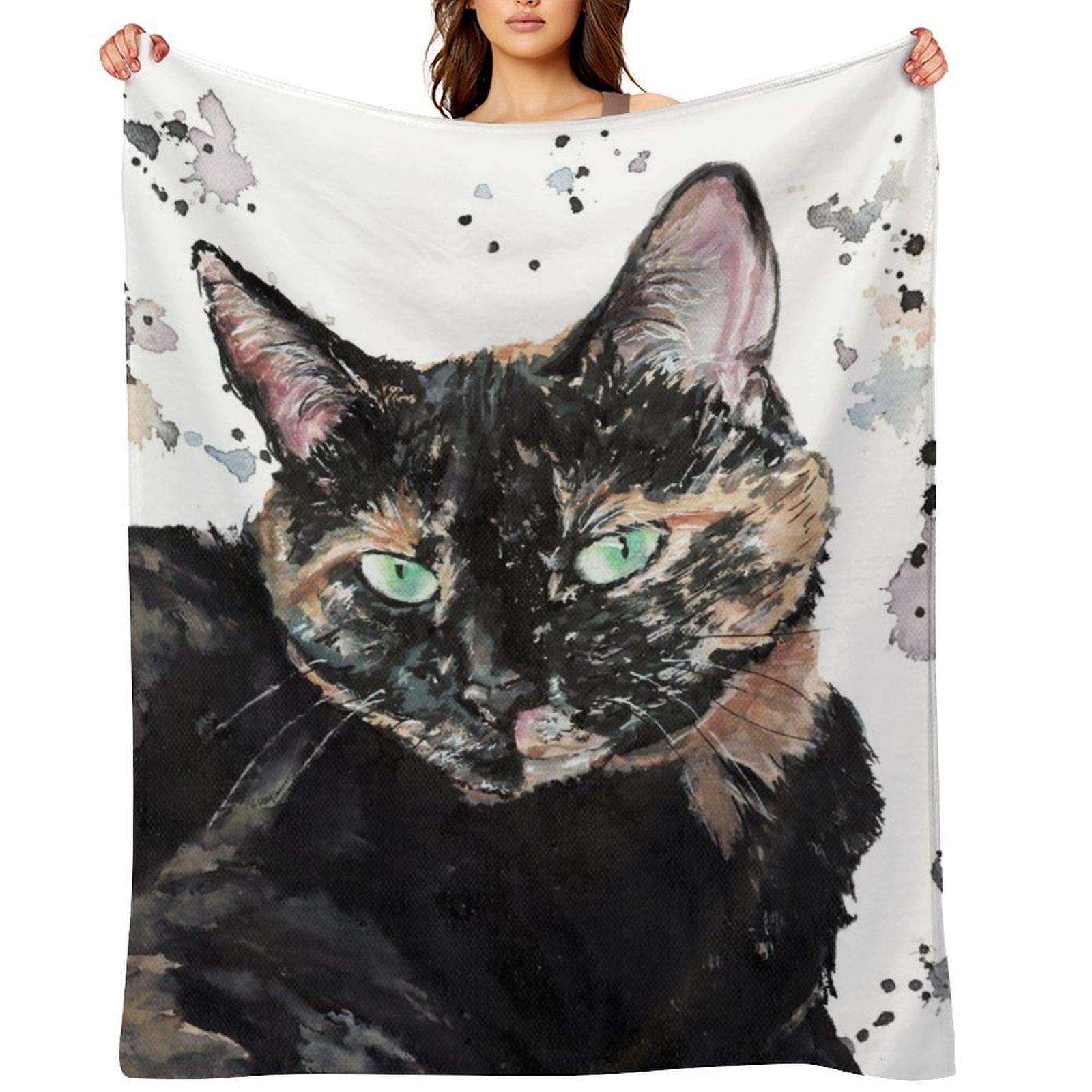Watercolour Torti Cat Throw Blanket Soft Flannels Thins Travel Blankets 30x40in