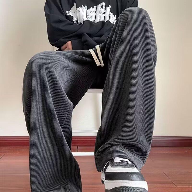Casual Pants for Men's Autumn and Winter New Style Hong Kong Style Loose Large Size Straight Pants Fashionable Simple Plush Wide-leg Pants