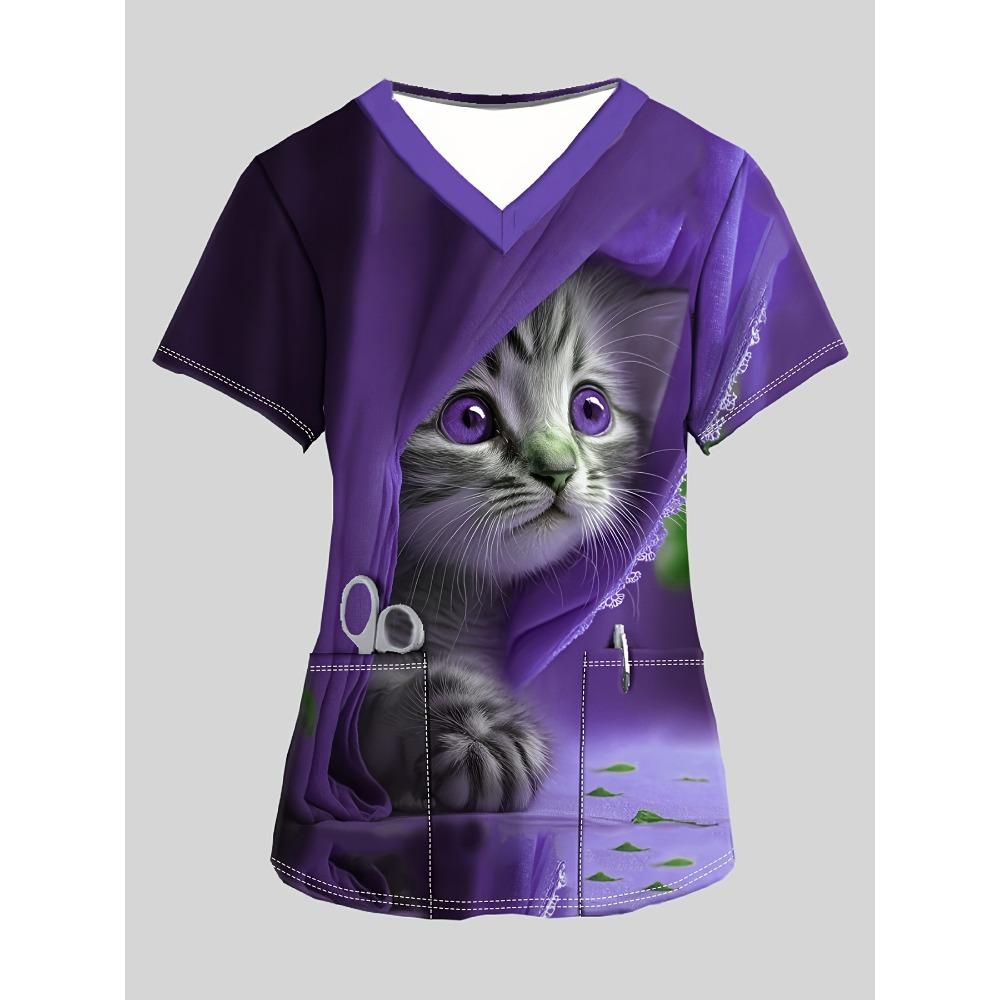 

Женский хирургический халат с V-образным вырезом и милым принтом кота, топы с коротким рукавом, дышащая полиэстеровая униформа медсестры, хирургический халат медсестры XXXL