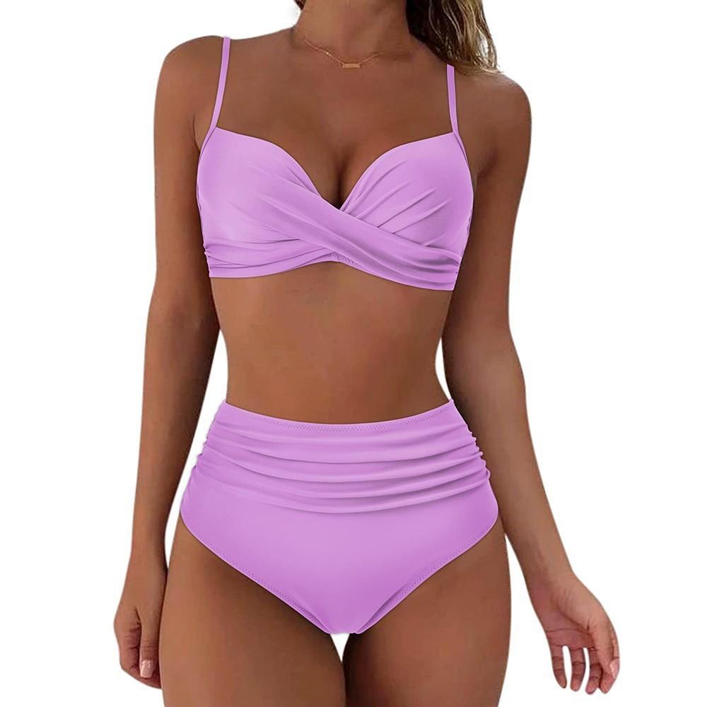 Women's Swimsuit Solid Color Pleated High Waist Sexy Bikini Tankini Beach Wear