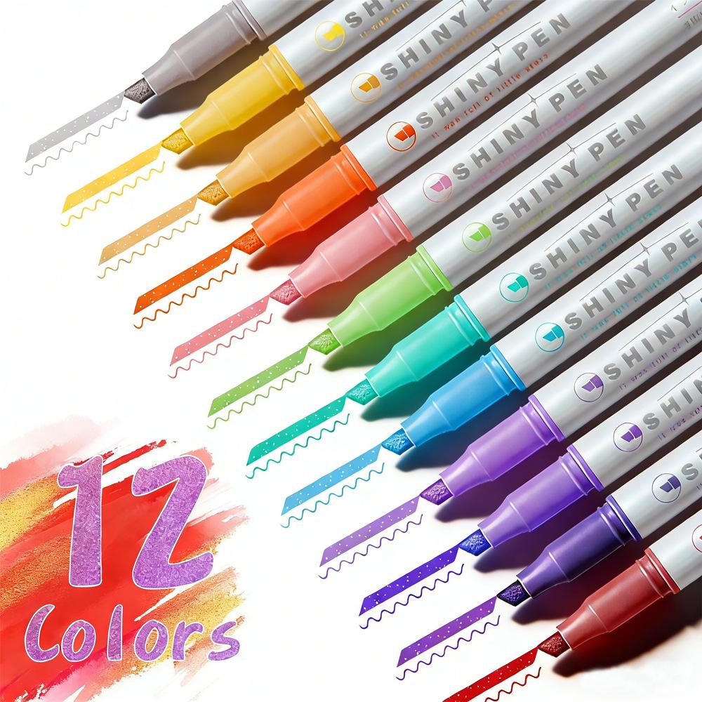 12 Colors Glitter Ink Highlighter Markers Single Angled Tip for Document