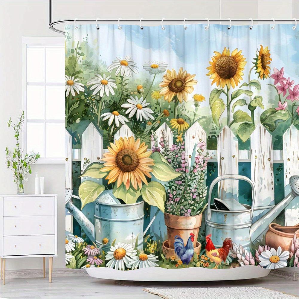 

1Pc Whimsical Garden Scene Shower Curtain - Blue Watering Cans, Bird, Rooster, Flowers, 70X70 , Polyester, 12 Hooks, Washable W60H190(CM)-1 Pcs