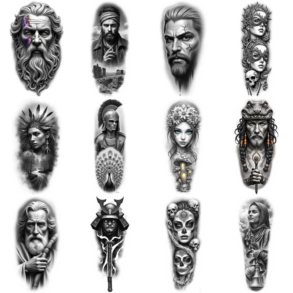 12pcs Temporary Tattoo Black And Grey Realism Roman Soldier Woman With Skulls Viking Warrior For Men Thighs Arms