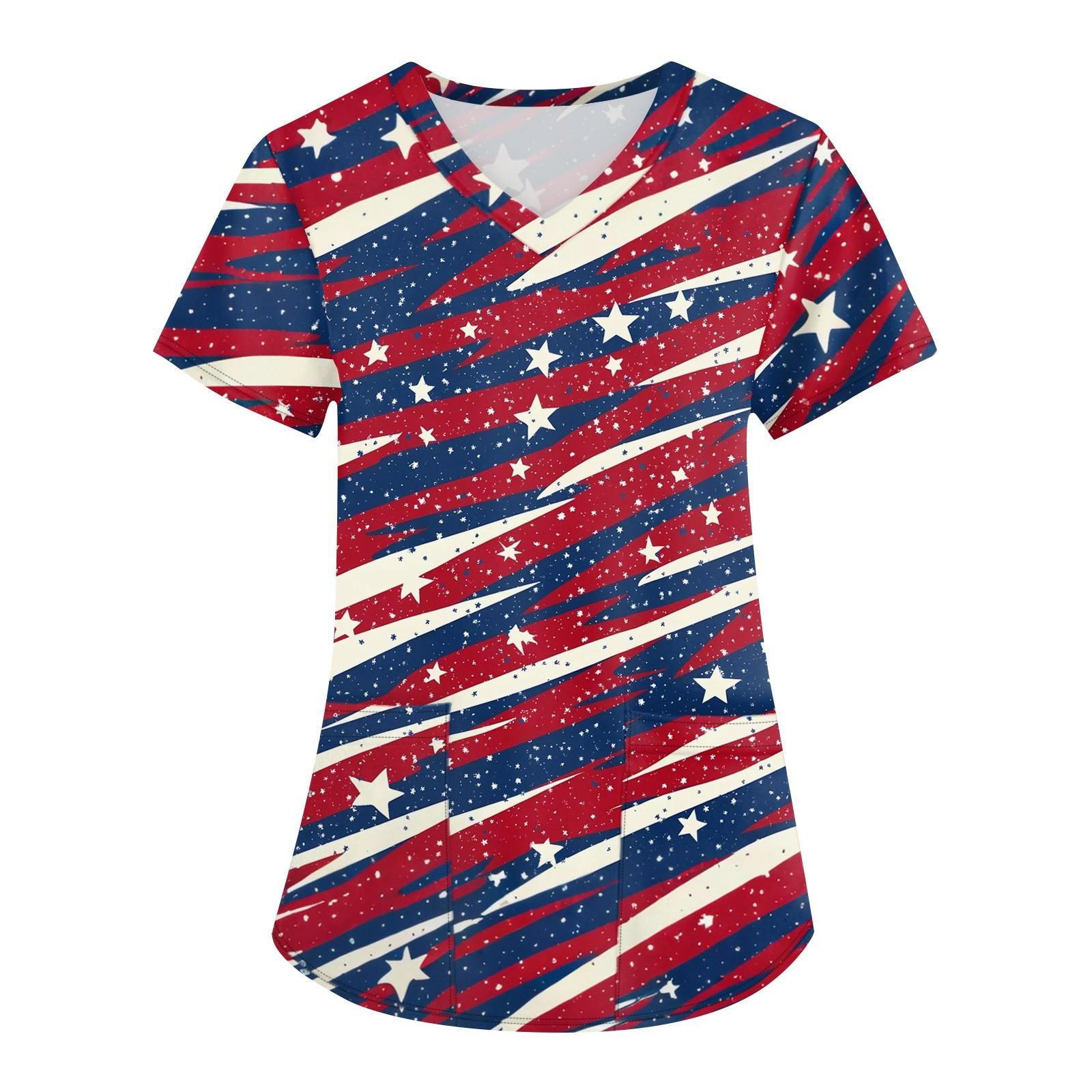 

Женская мода V-образный вырез короткий рукав рабочая одежда с карманами День независимости принтованные топы L