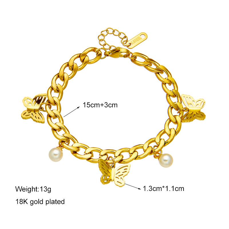 Stainless Steel Gold Plated Butterfly Pearl Cuban Link Bracelet Women Y2K Sweet & Edgy Hollow Butterfly Charm Jewelry Gift