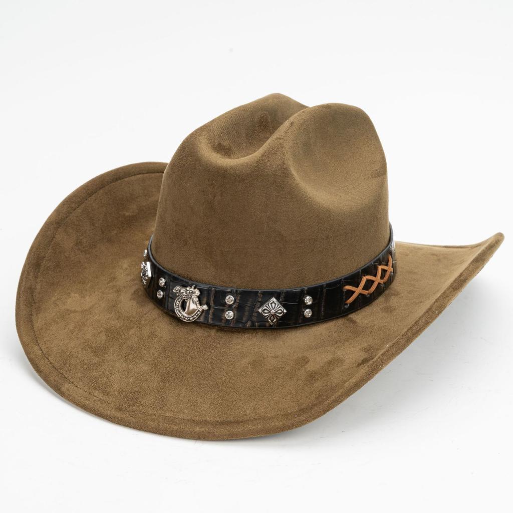 Suede Western Cowboy Hat Vintage Metal Jazz Hat Men's and Women's Ethnic Style Autumn and Winter Big-brimmed Top Hat