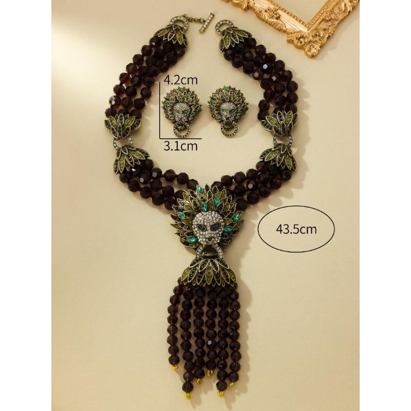 Meier Used vintage palace retro full inlaid lion head heavy industry multi-layer tassel necklace earrings suit