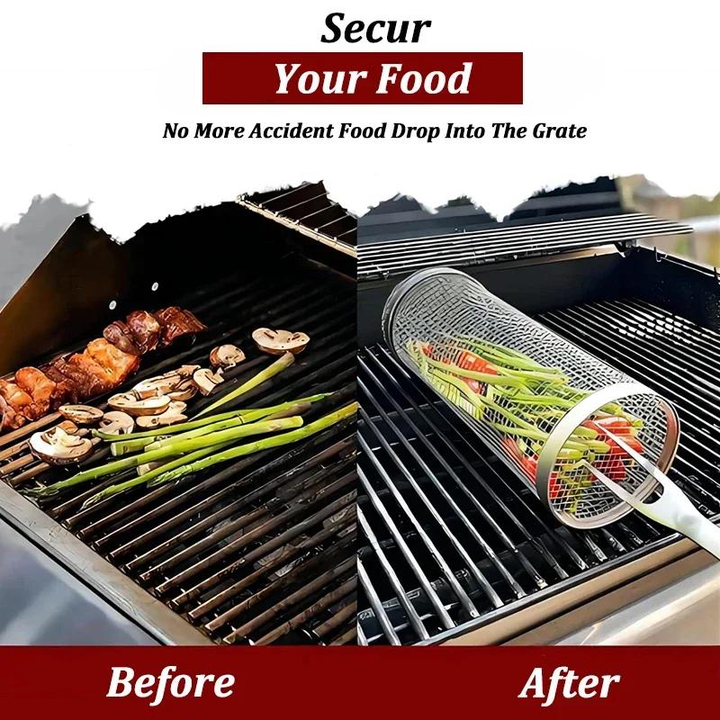 Stainless Steel Cylinder Barbecue Rolling Grilling Basket Rack Cooking Grill Grate Outdoor Round BBQ Grid Travel Camping Picnic